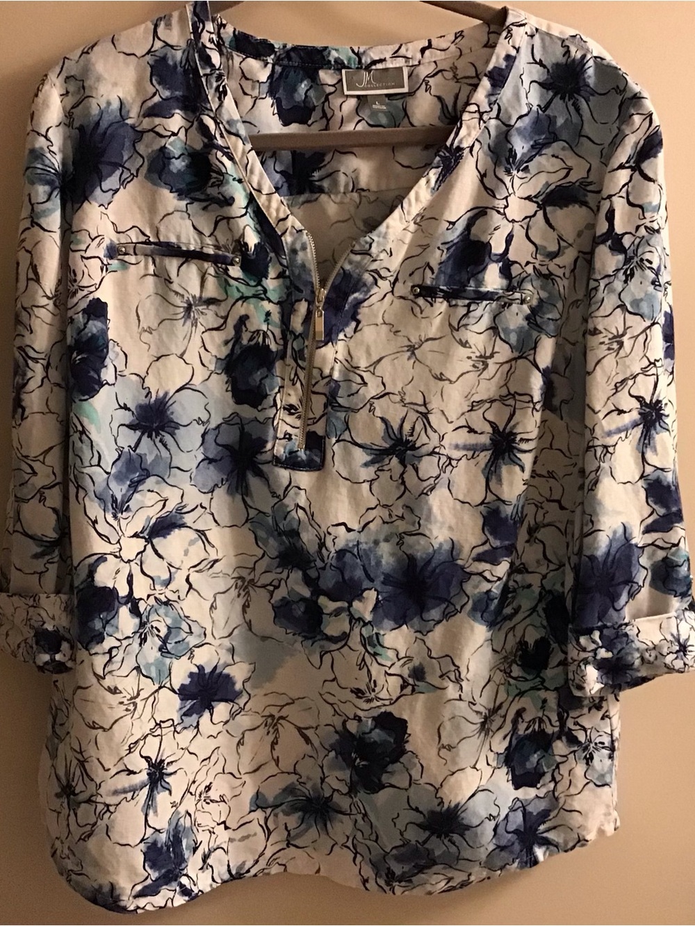 JM Collection White Floral Long Sleeve Zip-Front Blouse with Blue Accents